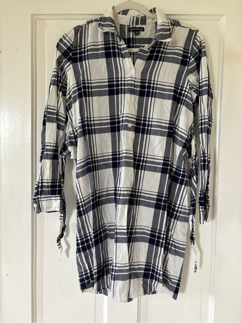 J Crew Mercantile White and Navy Plaid Button Tunic Dress
